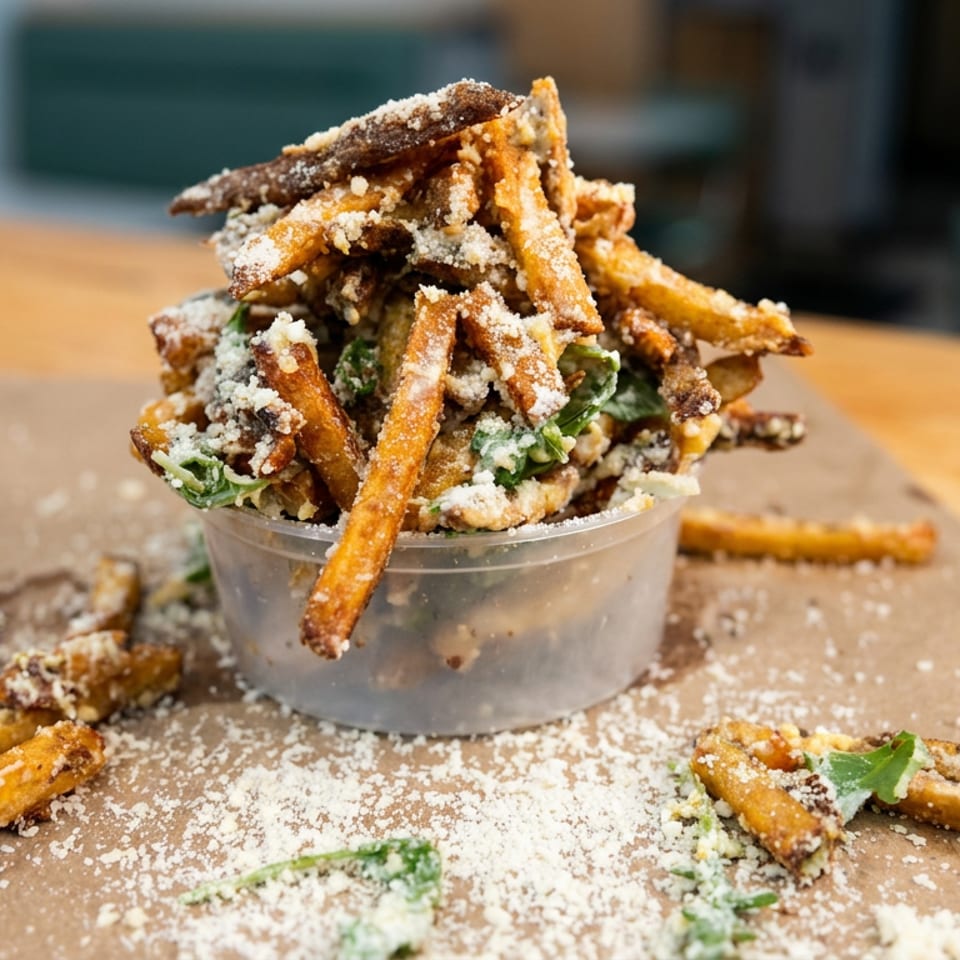Crispy seasoned fries piled in a cup with greens and grated cheese, scattered over a wooden table.