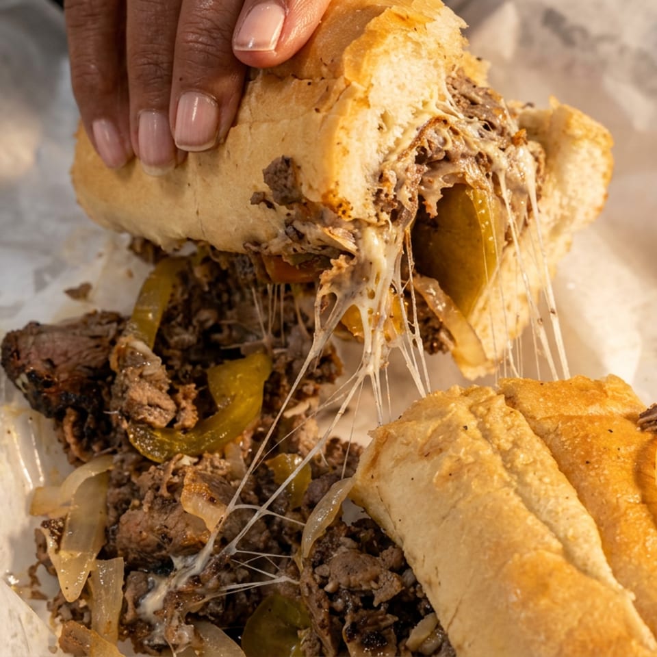 Close-up of a cheesy steak and mushroom sandwich with peppers and onions being pulled apart by hand.