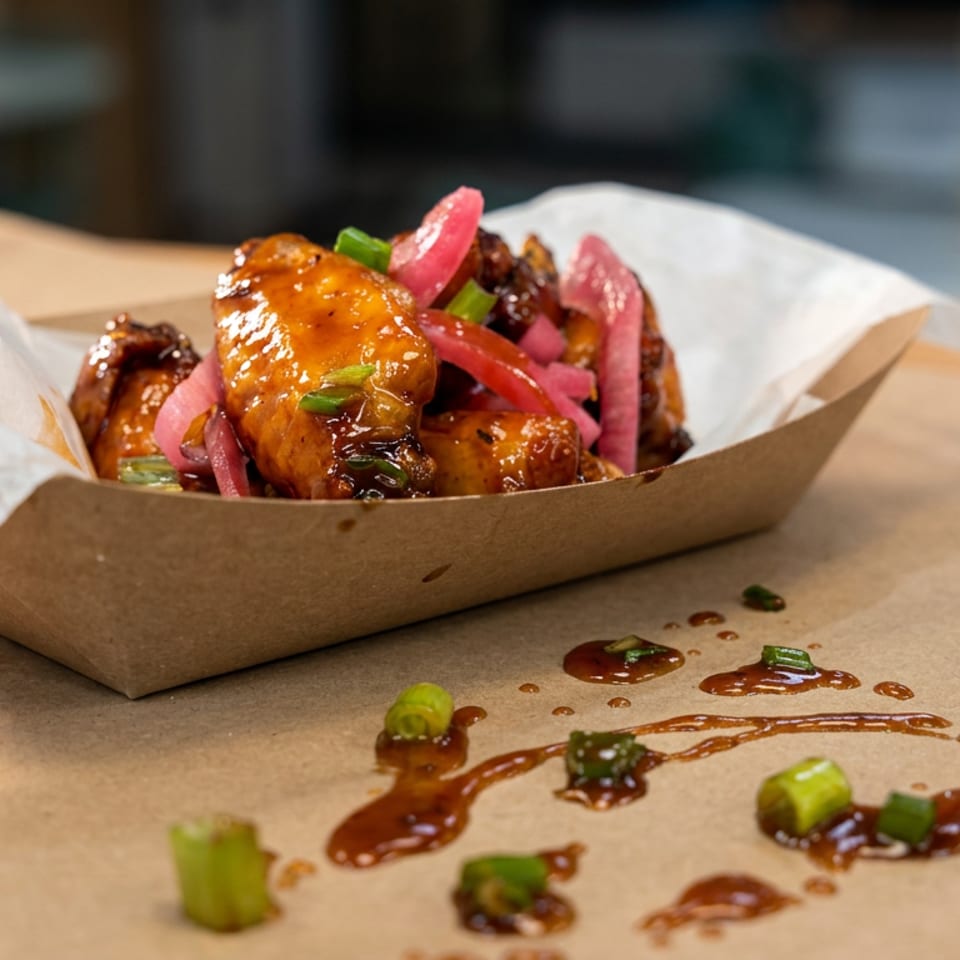 Glazed chicken wings topped with pickled onions and green onions in a paper tray on a wooden table.