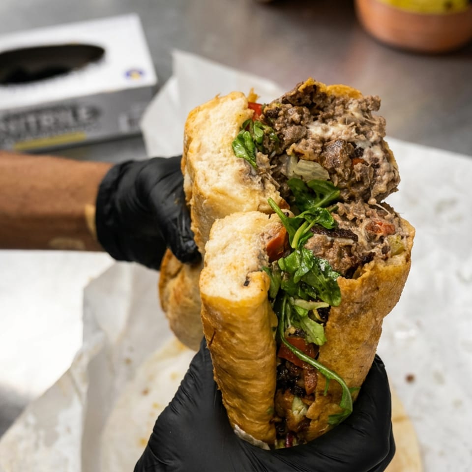 Gloved hands hold a stuffed golden flatbread filled with seasoned ground meat, greens, tomatoes, and onions.