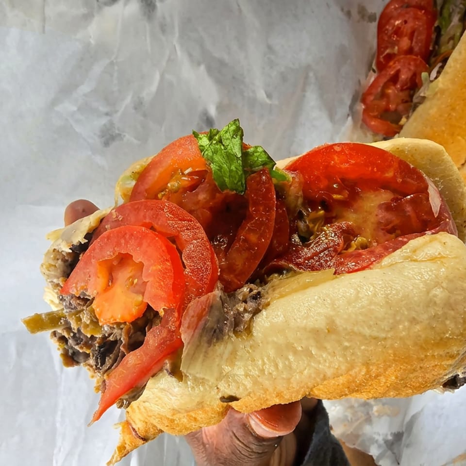 Italian-style sub sandwich filled with meatballs, sliced tomatoes, peppers, and basil on a paper wrapper.